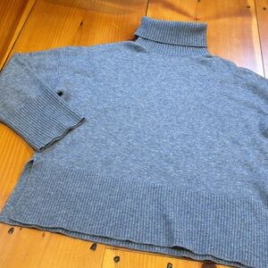 J CREW S Blue Ribbed Trim Turtleneck Merino Wool Yak Sweater Wide Cuff